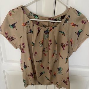 Eva Franco Multicolor Bird Print Tan Blouse Size 4
